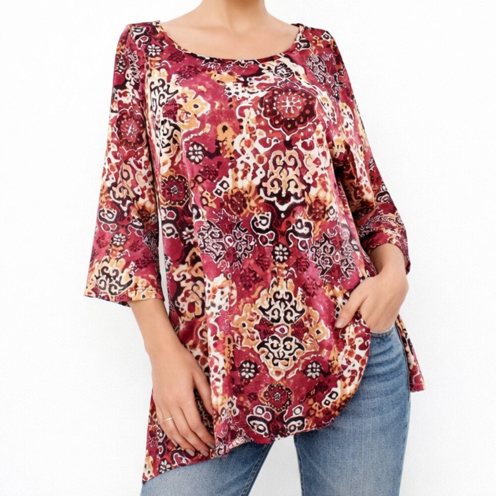 Susan Graver Tunic Top Womens L Magenta Medallion Paisley Sharkbite Hem Boho QVC